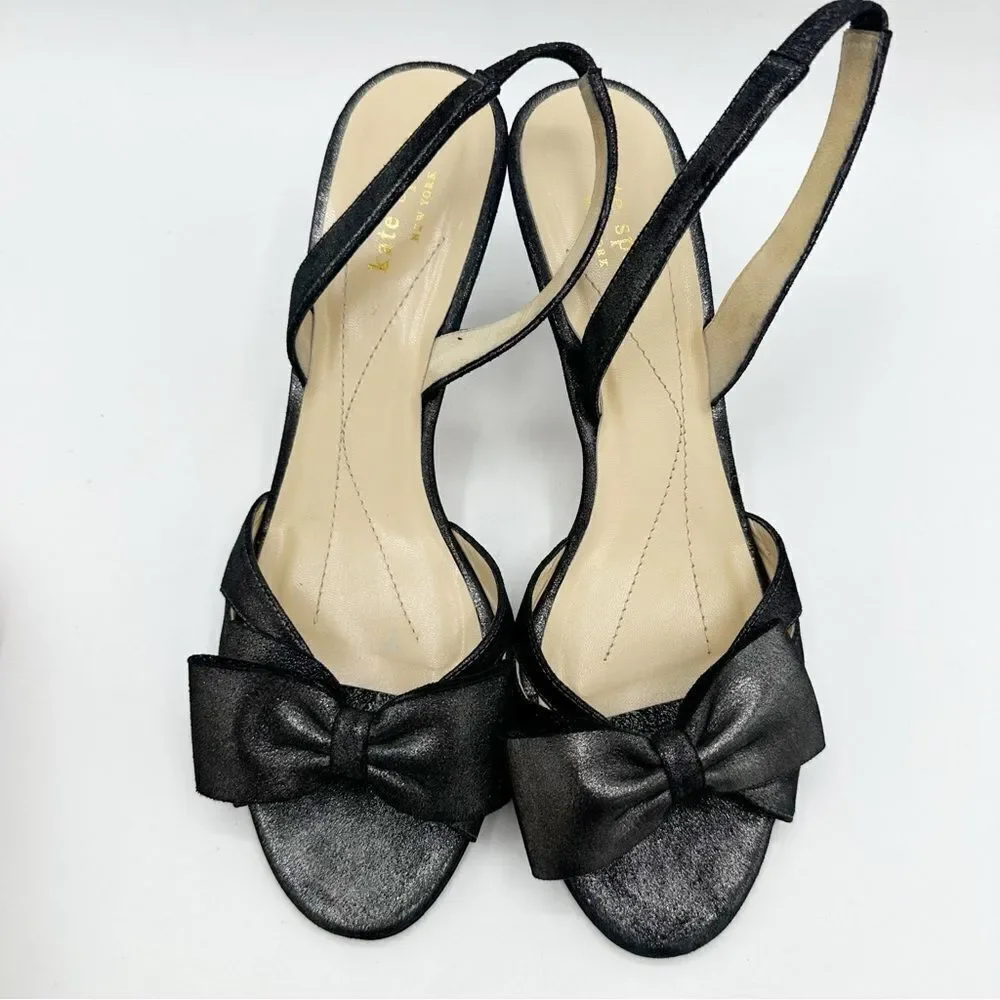 Kate Spade Metallic Black Leather‎ Slingback Stiletto Heels w/Bow Sz 9.5 B